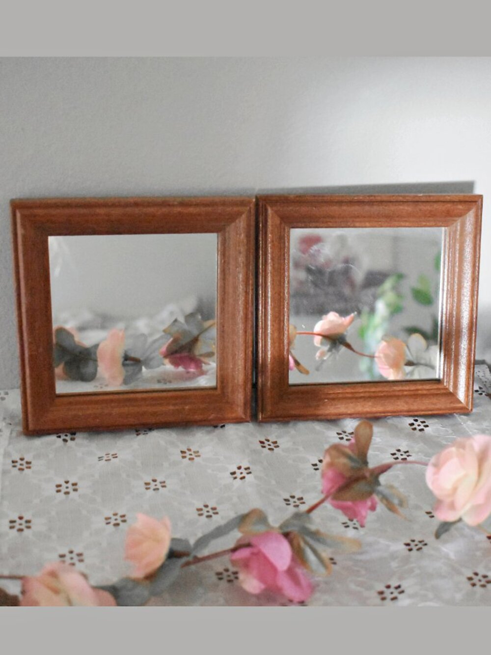 Set of Two Vintage Small Wood Framed Mirror Wall Decor